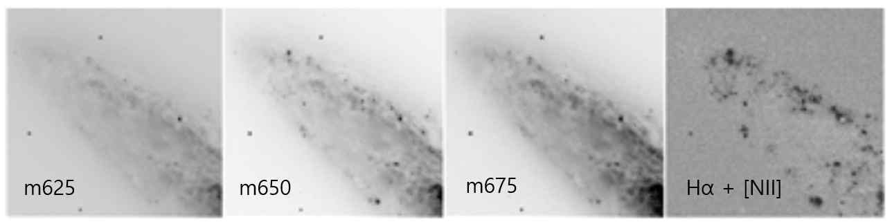 NGC 253 in the 7DT m625, m650 and m675 medium bands, and the resulting continuum-subtracted H-alpha plus [N II] emission map